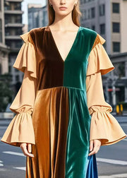 Elegant Brown V Neck Patchwork Silk Velvet Robe Dresses Flare Sleeve