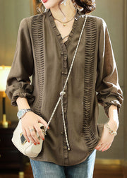 Elegant Brown V Neck Ruffled Patchwork Chiffon Blouse Long Sleeve