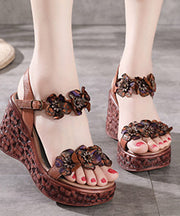 Elegant Buckle Strap Wedge Sandals Brown Cowhide Leather