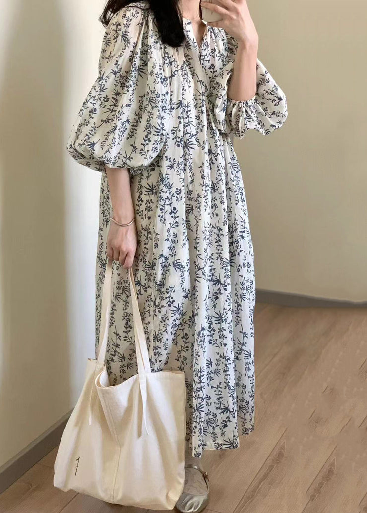 Elegant Button Print Tie Waist Cotton Long Dress Summer