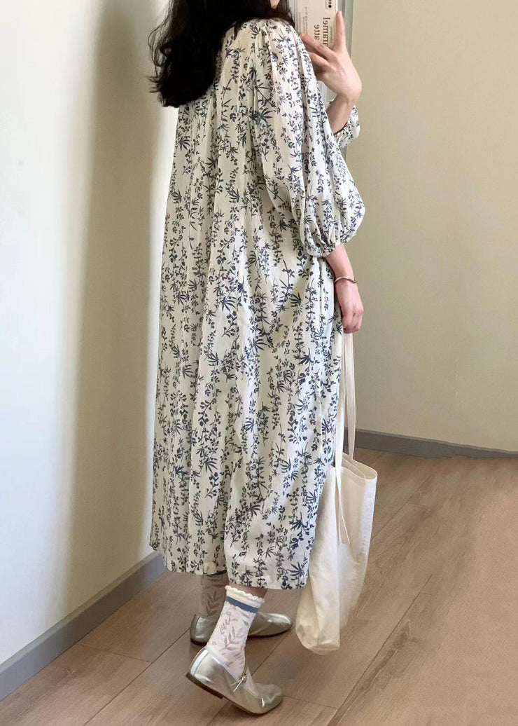 Elegant Button Print Tie Waist Cotton Long Dress Summer