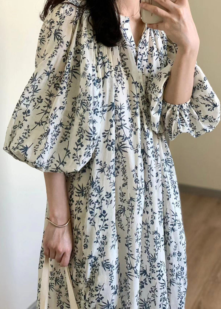 Elegant Button Print Tie Waist Cotton Long Dress Summer