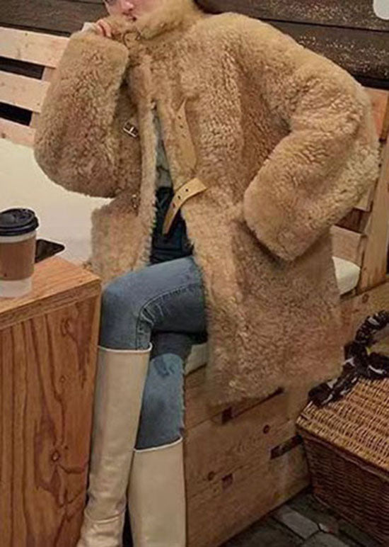 Elegant Camel Buckle Strap Patchwork Faux Fur Jacket Winter