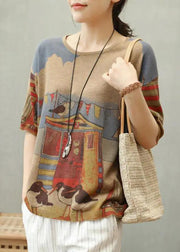 Elegant Camel O Neck Print Cotton Knit T Shirt Top Summer