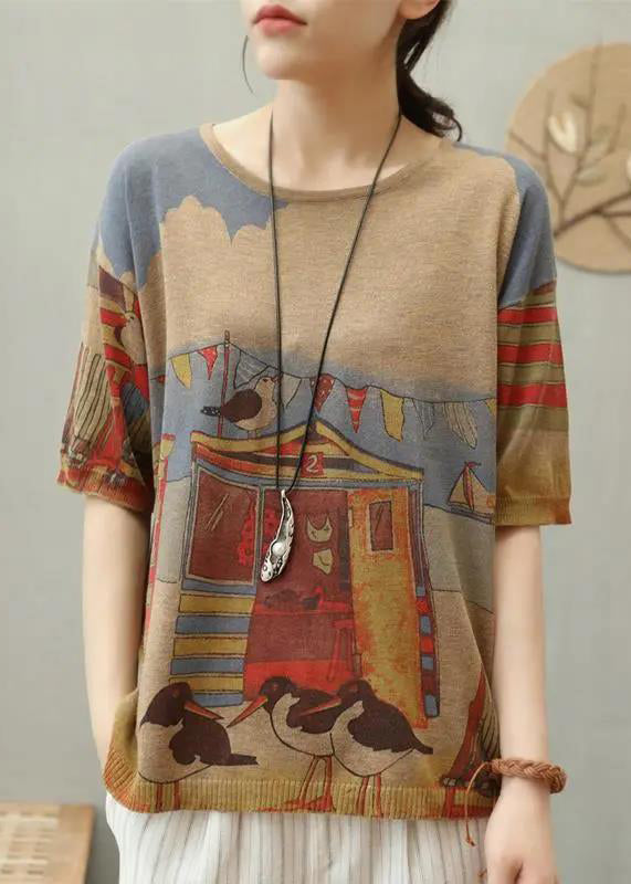 Elegant Camel O Neck Print Cotton Knit T Shirt Top Summer