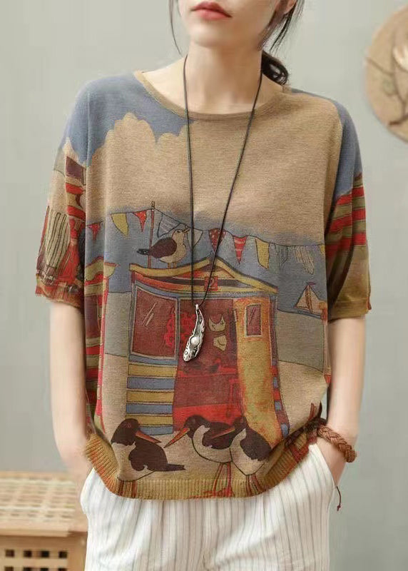 Elegant Camel O Neck Print Cotton Knit T Shirt Top Summer