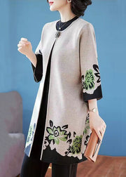 Elegant Camel O Neck Print Patchwork Knit Cardigans Fall