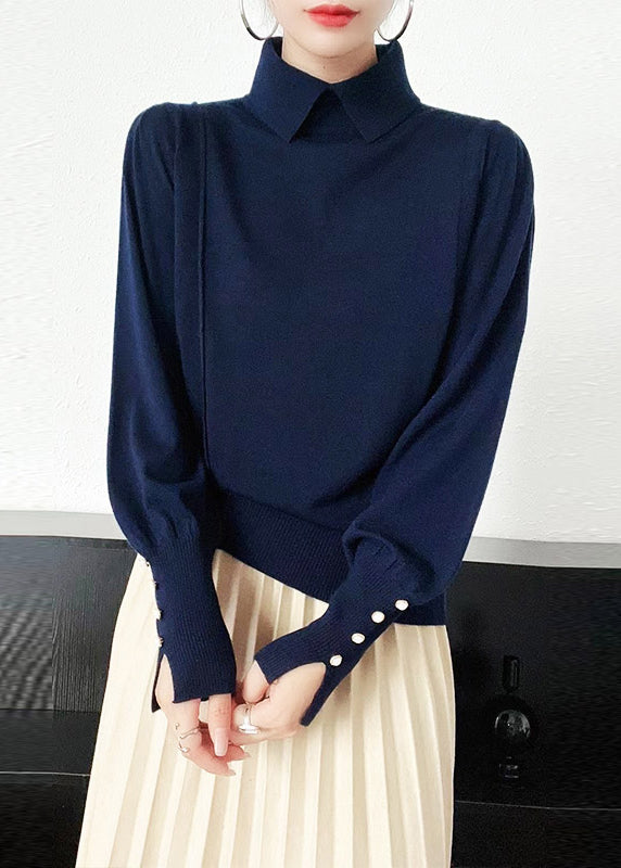 Elegant Camel Peter Pan Collar Woolen Knit Sweater Long Sleeve