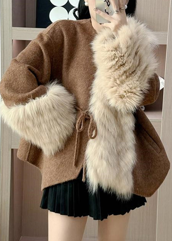 Elegant Caramel Fox Collar Patchwork Tie Waist Woolen Coats Fall