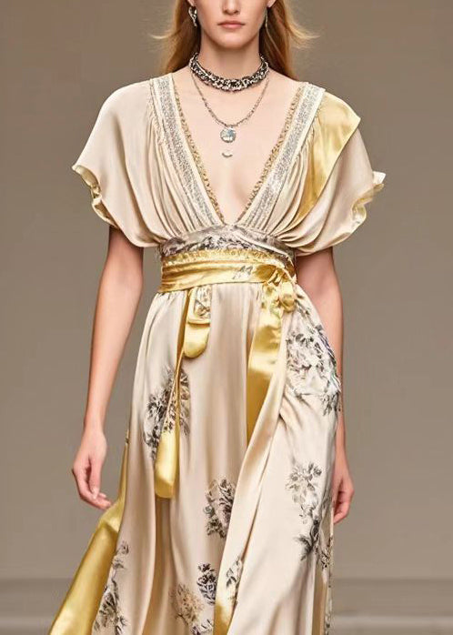 Elegant Champagne Cinched Patchwork Print Silk Robe Dresses Summer