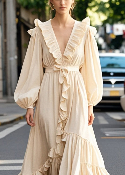 Elegant Champagne Color Ruffled Exra Large Hem Long Dress Fall