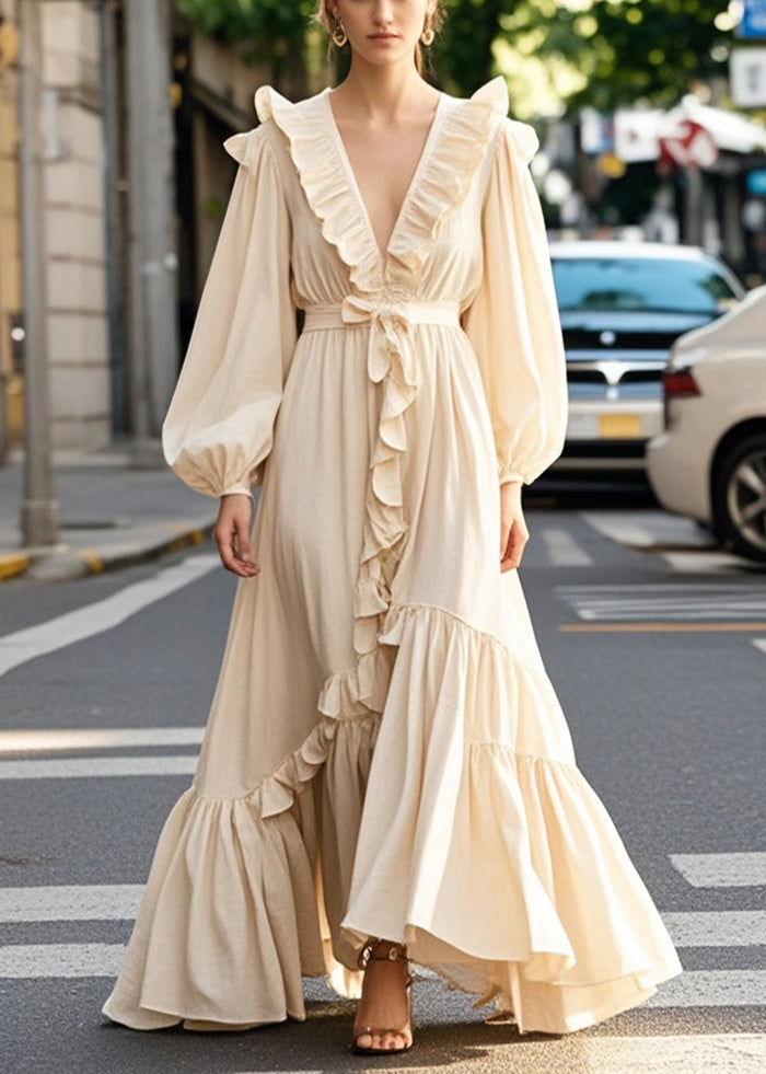 Elegant Champagne Color Ruffled Exra Large Hem Long Dress Fall