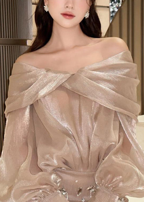 Elegant Champagne Color Slash Neck Zircon Silk Mid Dress Fall