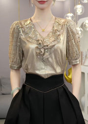 Elegant Champagne Ruffled Patchwork Silk Top Short Sleeve