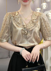 Elegant Champagne Ruffled Patchwork Silk Top Short Sleeve