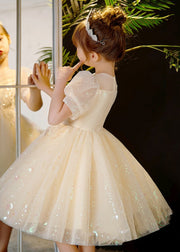 Elegant Champagne Sequins Patchwork Nail Bead Tulle Kids Mid Dress Summer