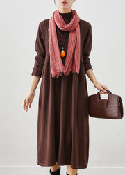 Elegant Chocolate Stand Collar Knit Holiday Dress Spring