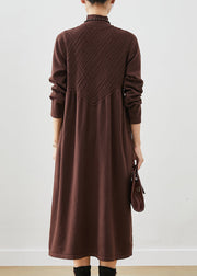 Elegant Chocolate Stand Collar Knit Holiday Dress Spring