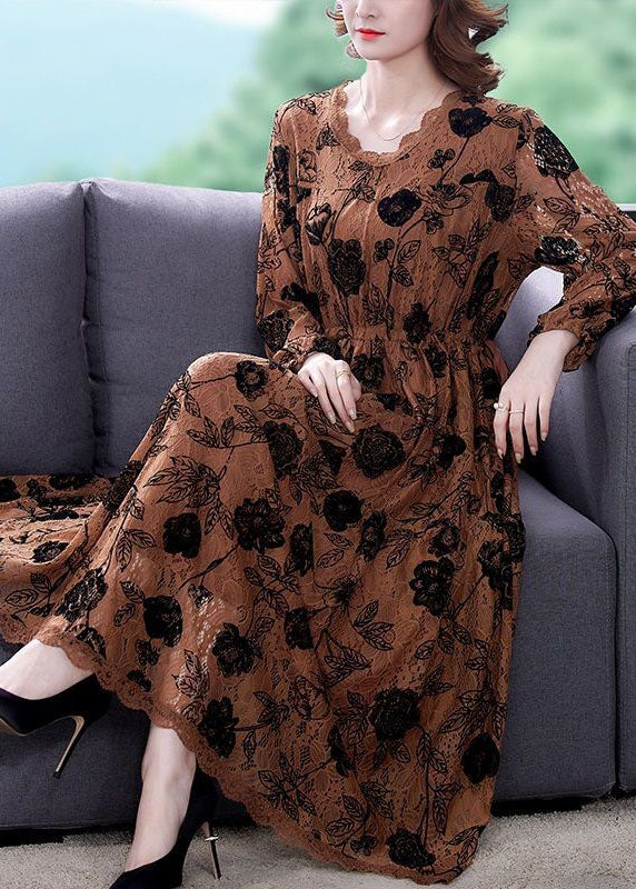 Elegant Chocolate Cinched Print Lace Long Dresses Spring