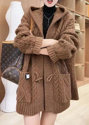 Elegant Chocolate Colour Button Cable Knit Sweaters Coats Fall