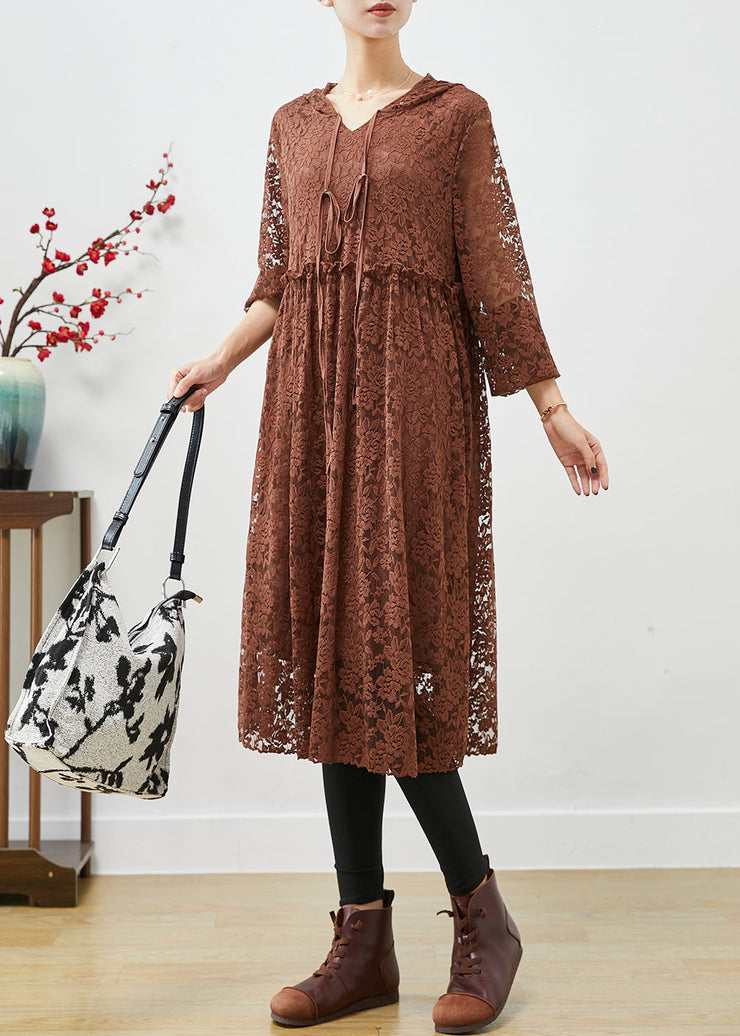 Elegant Coffee Hooded Ruffled Lace Dresses Fall