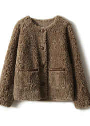 Elegant Chocolate O-Neck Button Faux Fur Coats Fall