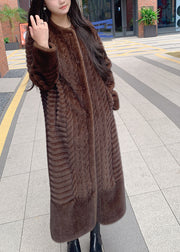 Elegant Coffee O-Neck Pockets Print Leather And Fur Long Coats Winter