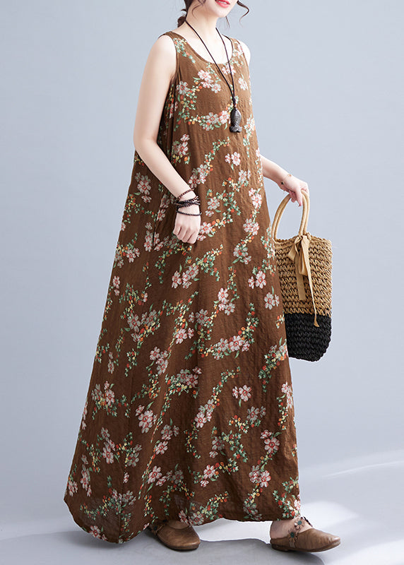 Elegant Coffee O-Neck Print Linen Beach Dresses Sleeveless