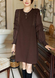 Elegant Coffee O-Neck Ruffled Patchwork Cotton Dresses Spring