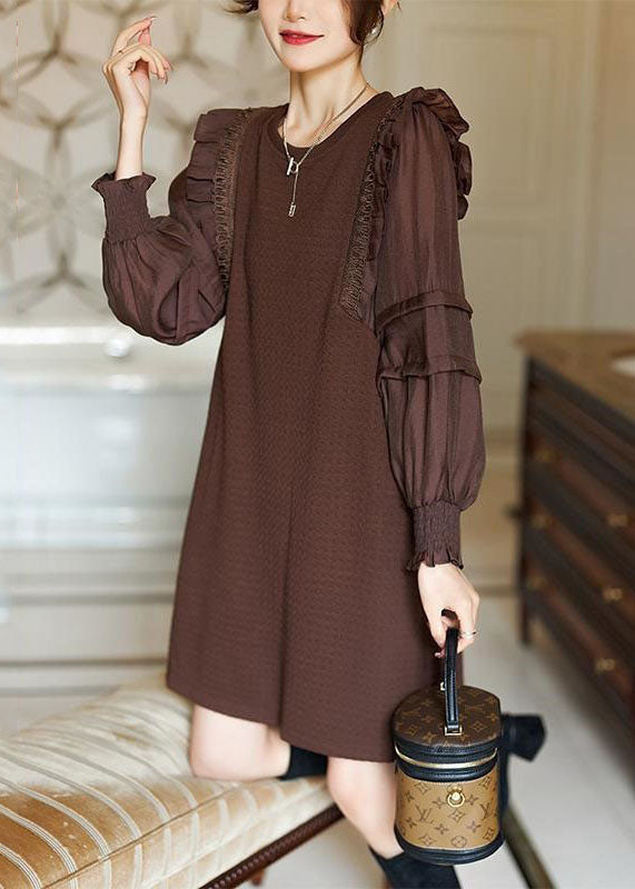 Elegant Coffee O-Neck Ruffled Patchwork Cotton Dresses Spring