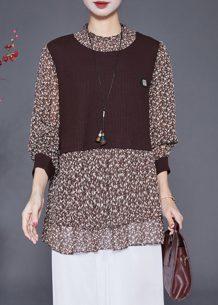 Elegant Coffee Print Patchwork Chiffon Knit Fake Two Piece Shirt Fall