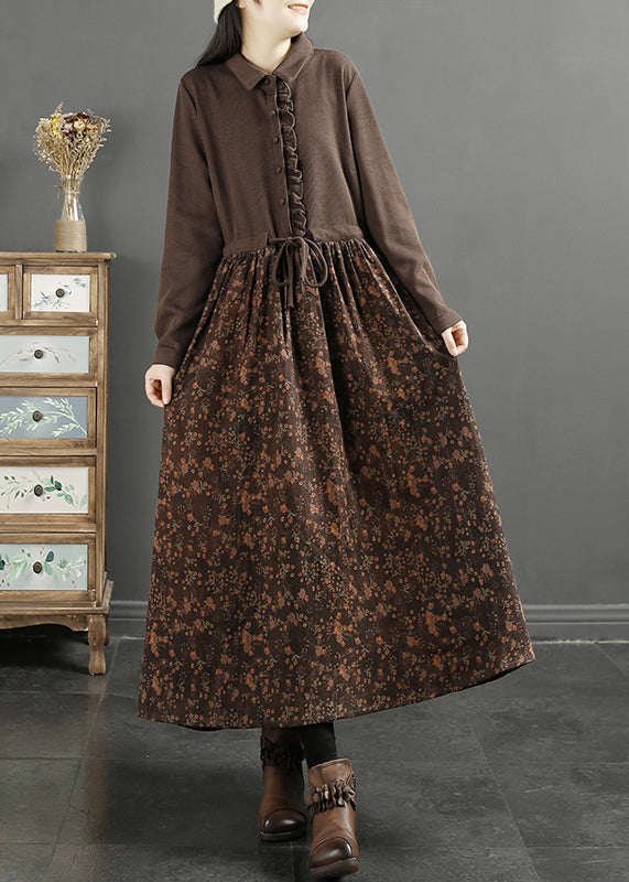 Elegant Coffee Ruffled Print Knit Patchwork Long Dress Long Sleeve