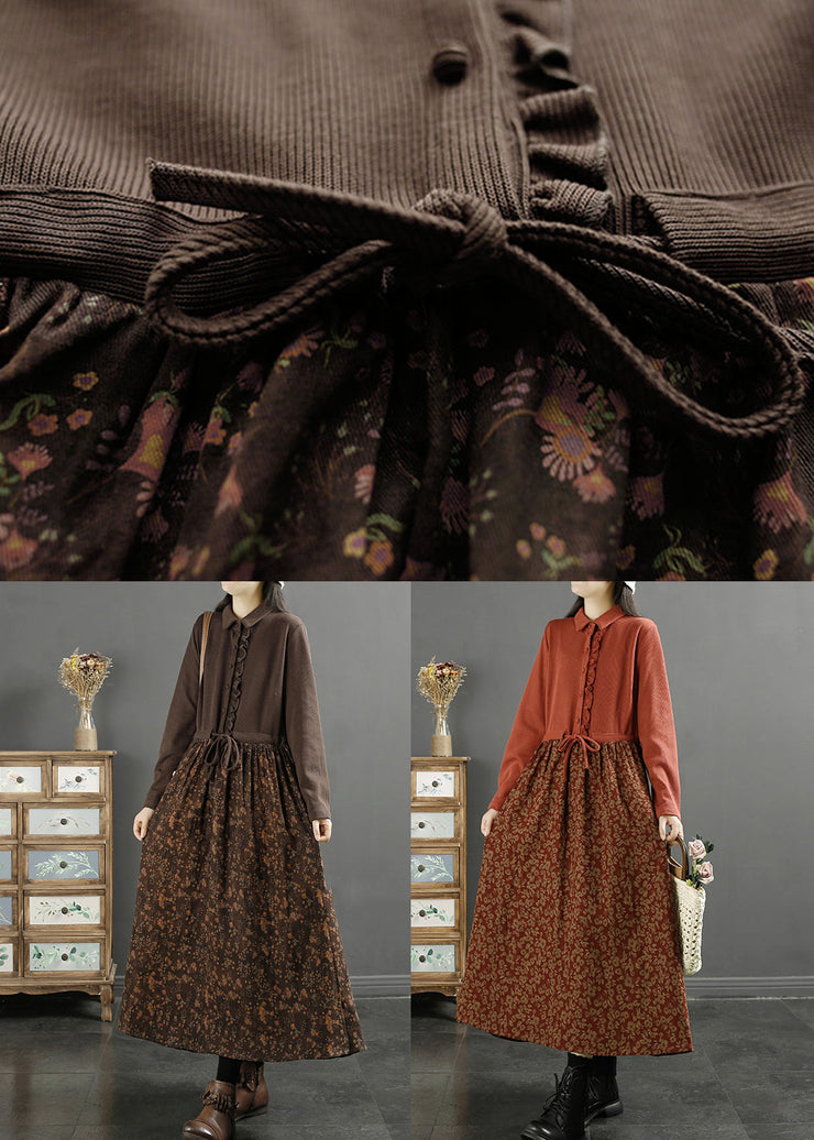 Elegant Coffee Ruffled Print Knit Patchwork Long Dress Long Sleeve