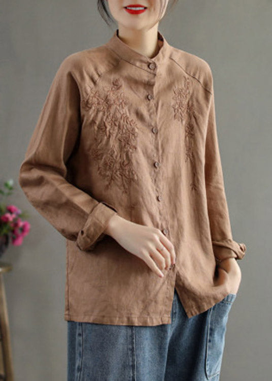 Elegant Chocolate Stand Collar Embroideried Button Linen Shirts Long Sleeve