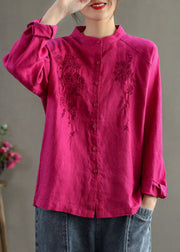 Elegant Chocolate Stand Collar Embroideried Button Linen Shirts Long Sleeve