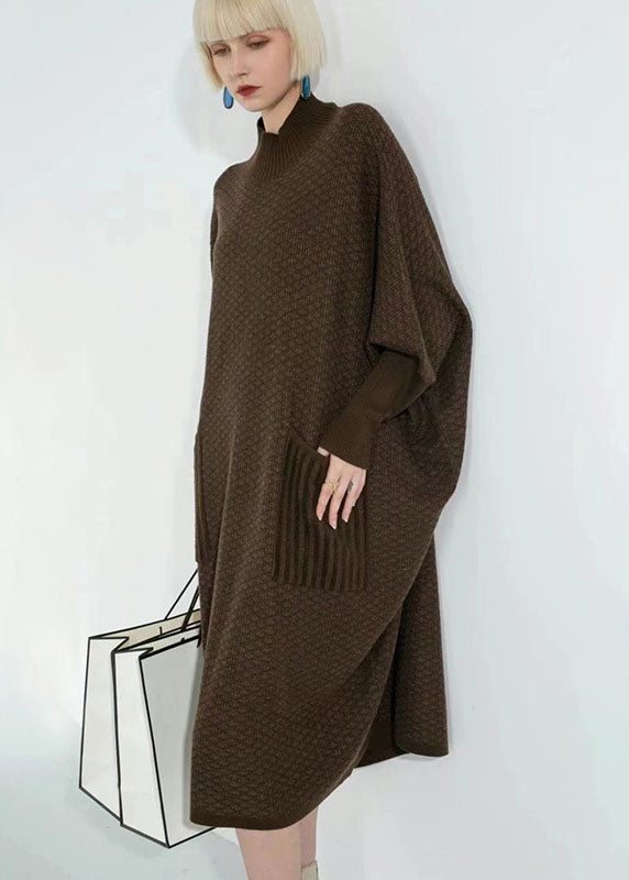 Elegant Chocolate Turtle Neck Patchwork Pockets Wool Sweater Dress Long Sleeve