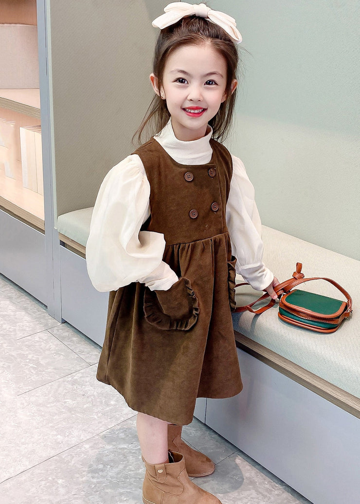 Elegant Coffee Turtleneck Pockets Patchwork Corduroy Girls Two Piece Set Fall