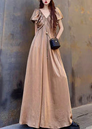 Elegant Coffee V Neck Wrinkled Patchwork Cotton Long Dresses Summer