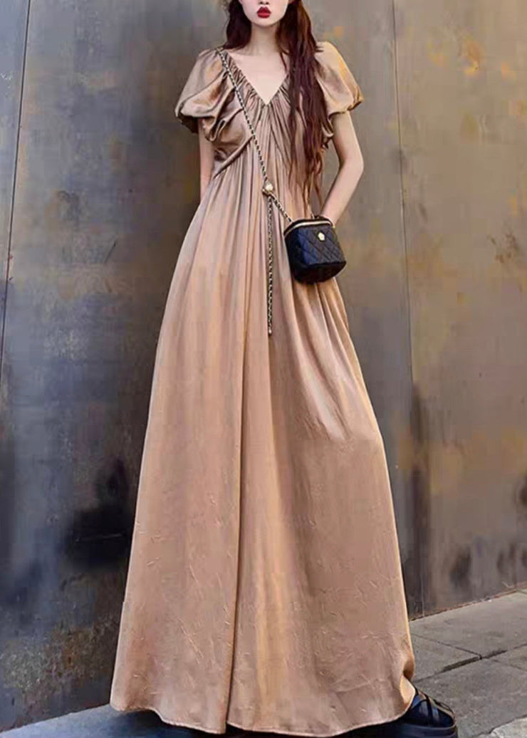 Elegant Coffee V Neck Wrinkled Patchwork Cotton Long Dresses Summer