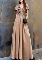 Elegant Coffee V Neck Wrinkled Patchwork Cotton Long Dresses Summer