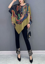 Elegant Colorblock Asymmetrical Print Chiffon Top Batwing Sleeve