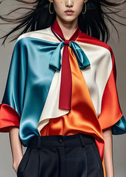 Elegant Colorblock Bow Silk Shirts Tops Half Sleeve