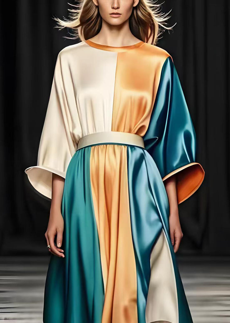 Elegant Colorblock Cinched Patchwork Silk Long Dresses Spring