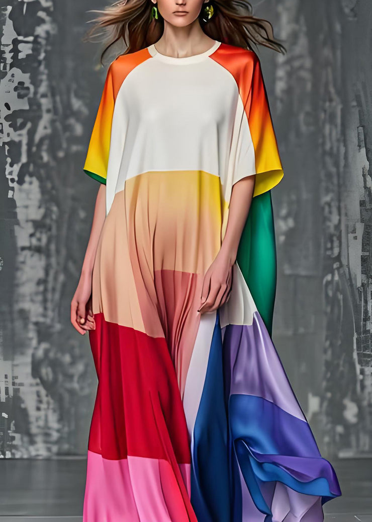 Elegant Colorblock O Neck Plus Size Silk Dresses Summer