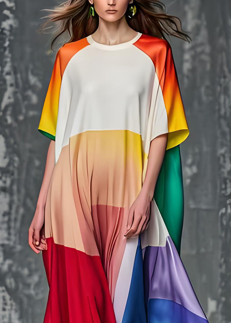 Elegant Colorblock O Neck Plus Size Silk Dresses Summer