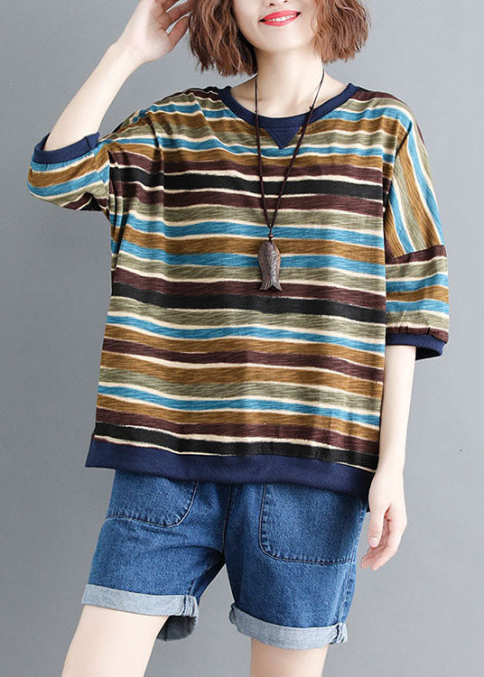 Elegant Colorblock O Neck Striped Patchwork Cotton Tops Summer