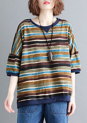 Elegant Colorblock O Neck Striped Patchwork Cotton Tops Summer