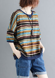 Elegant Colorblock O Neck Striped Patchwork Cotton Tops Summer