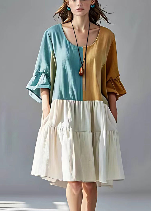 Elegant Colorblock Oversized Patchwork Cotton Pleated Dresses Summer