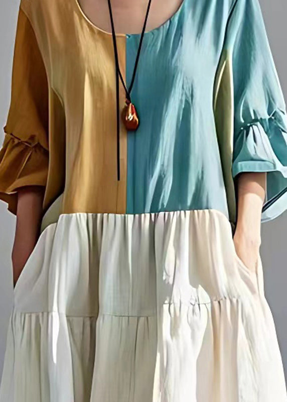 Elegant Colorblock Oversized Patchwork Cotton Pleated Dresses Summer